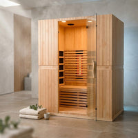 Infrared Home Sauna Room for 2 Persons Sauna Spa Room Hemlock Wood Infrared Sauna Cabin Dry Sauna with Full Spectrum Radiator, LED Light, Bluetooth, MP3, USB (2 Person Sauna Room) — Studio Shot