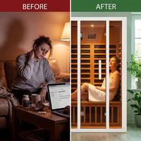 2 Person Extendable FAR Infrared Sauna for Home, Hemlock Wood Low EMF 6 Carbon Heaters Indoor Saunas with LED Lights, Bluetooth Speaker, Digital Control Panel, and Seating Bench — Before & After